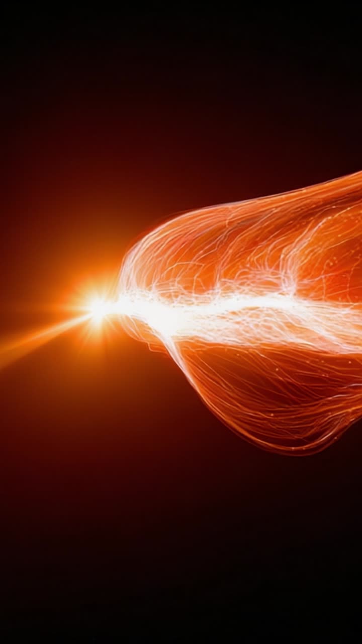 Onda di energia dinamica che emette luce brillante e movimento su uno sfondo scuro, mettendo in mostra motivi vibranti e correnti fluide di energia radiante.