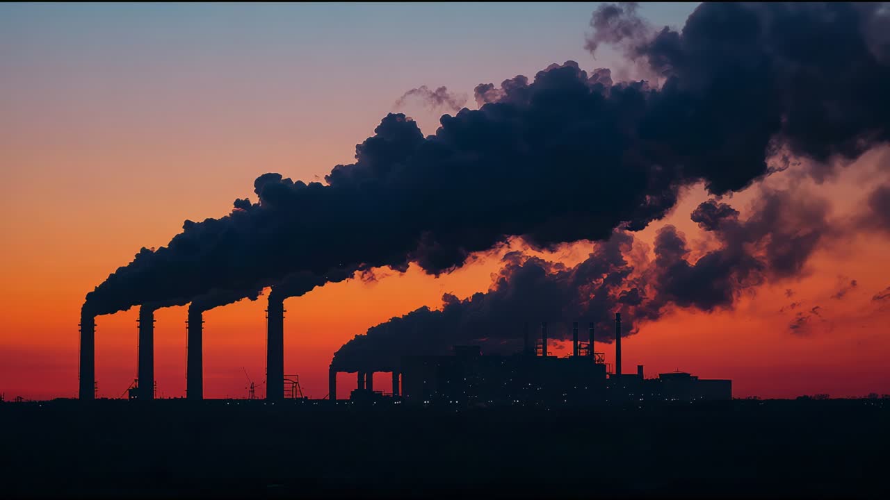 Emitting smoke while plant running, distant plant filling sunset horizon with four stacks, lights