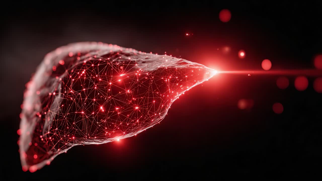 Una visualizzazione accattivante di un fegato umano stilizzato con una rete di connessioni luminose, che rappresenta le sue funzioni e la sua importanza nella salute e nella medicina.