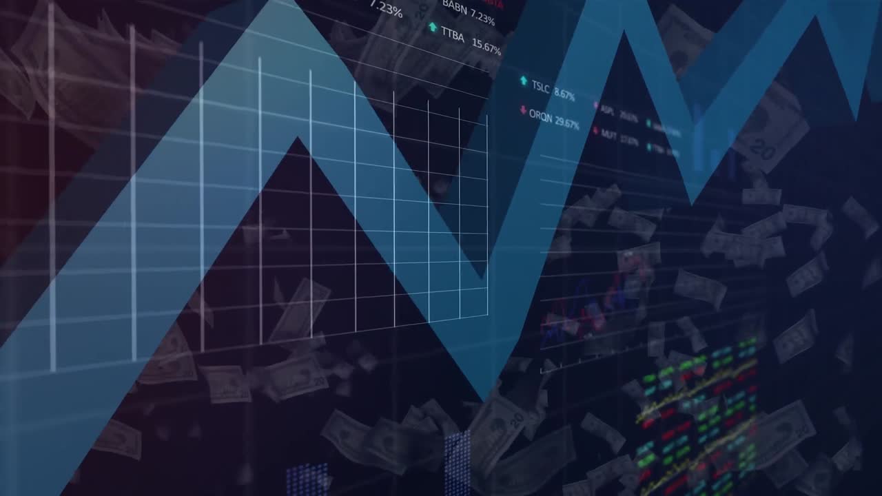 미국 달러 지폐에 대한 금융 데이터 처리 애니메이션