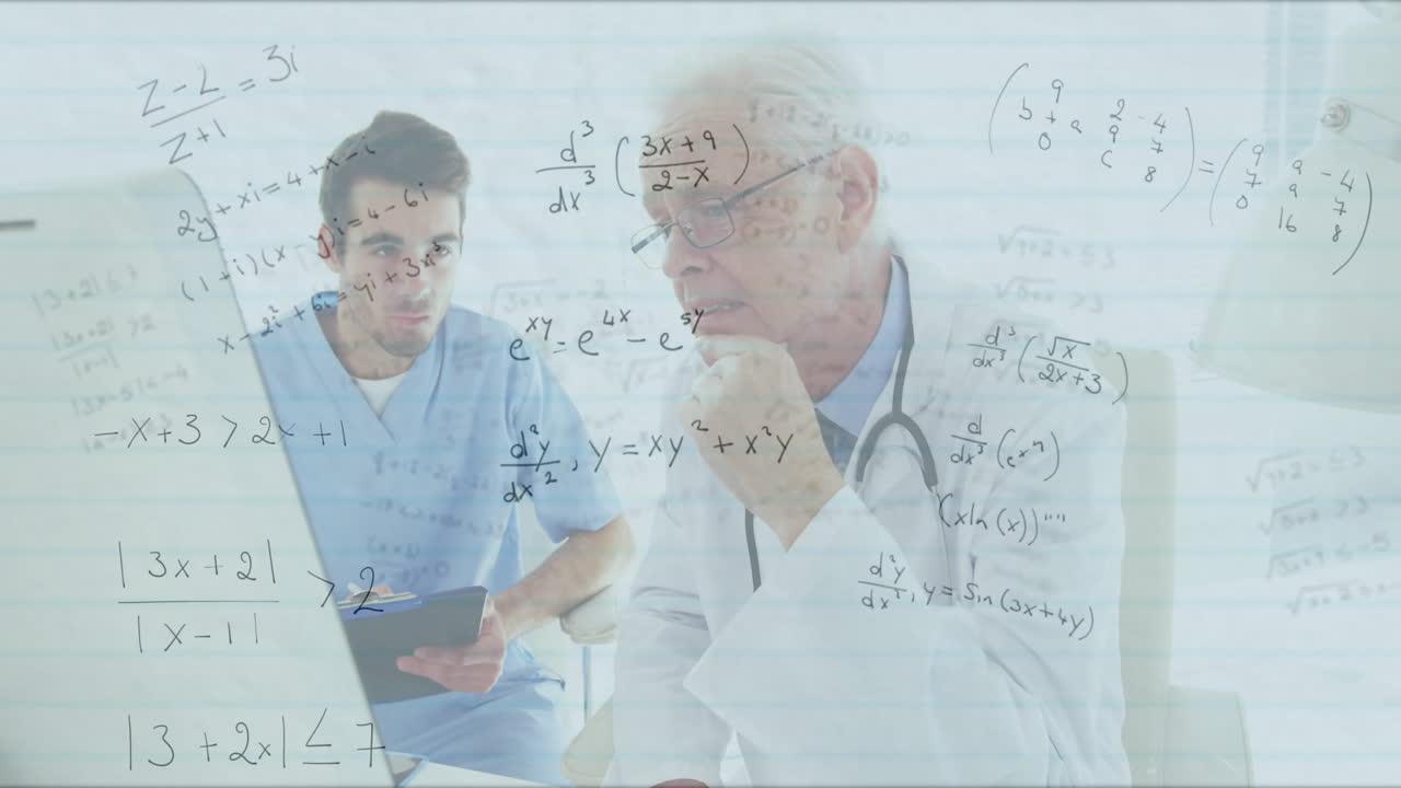 Male doctor and medical assistant analyzing laptop data in health lab, with floating math formulas