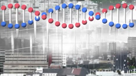 Animación-Del-Modelo-De-ADN-3D-Girando-Sobre-La-Vista-De-La-Ciudad-A-Alta-Velocidad.