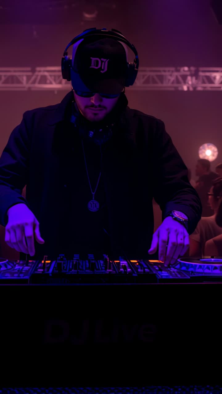 Vertical video: Mixing DJ in DJ cap and phones tuning mixer in club, lights pulsing boosting crowd