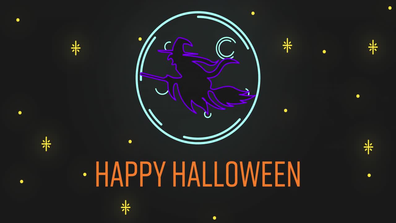 Happy Halloween text and flying witch on broom against black background