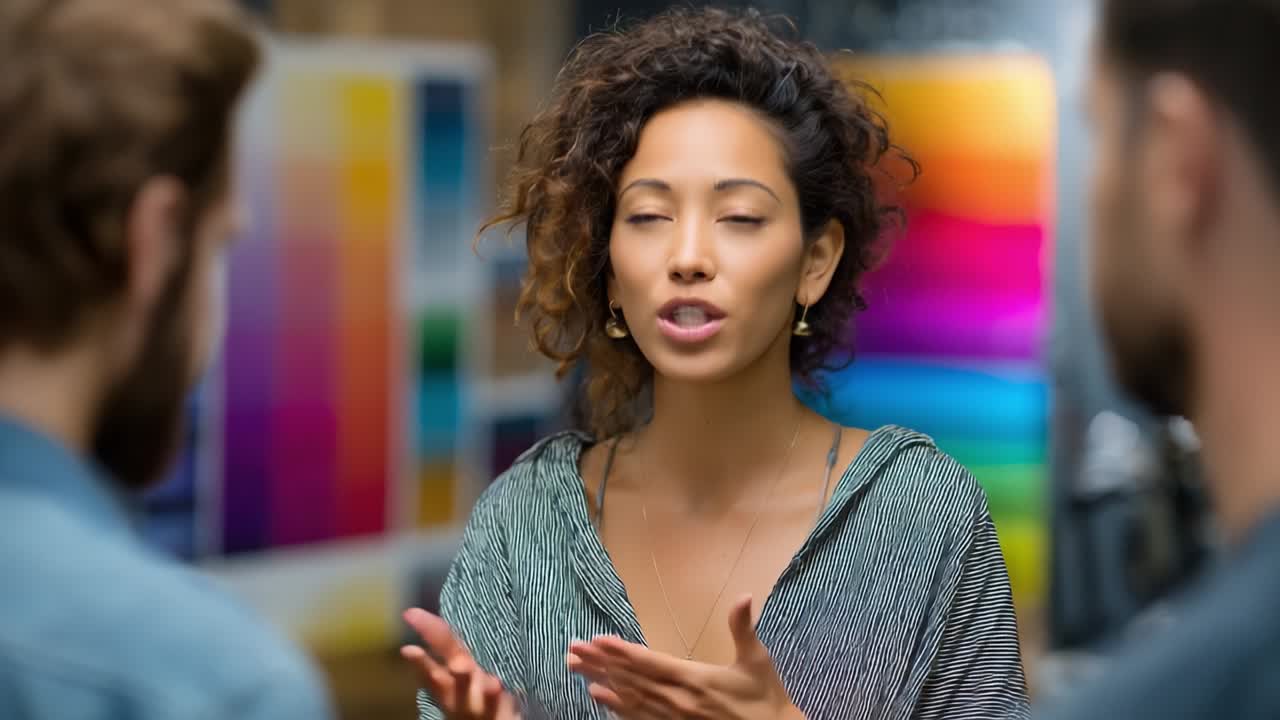 Una conversazione coinvolgente: una donna con i capelli ricci guida una discussione dinamica con due uomini in un ambiente artistico colorato, mettendo in mostra idee collaborative e una comunicazione espressiva