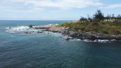 Beautiful-Coastline-of-Hawaii-Island-Landscape---Aerial-Establishing-View