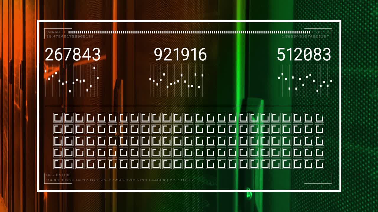 Animation of data processing and digital interface over server room