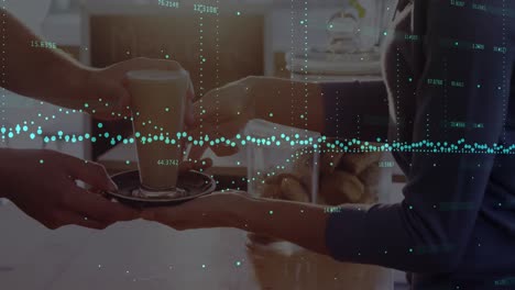 animation of green sports with data processing over woman getting coffee in coffee shop