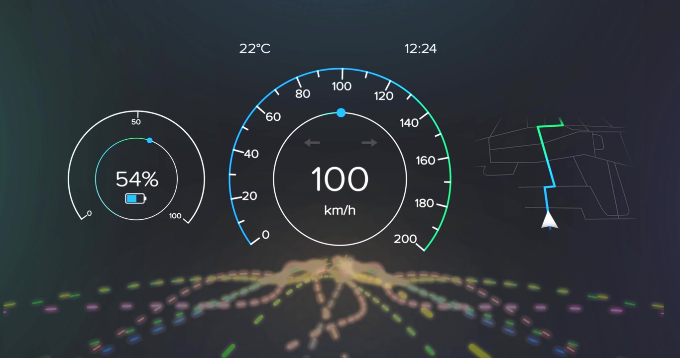 Vehicle accelerating on pedal press to visualize speed change, speedometer needle sweeping upward