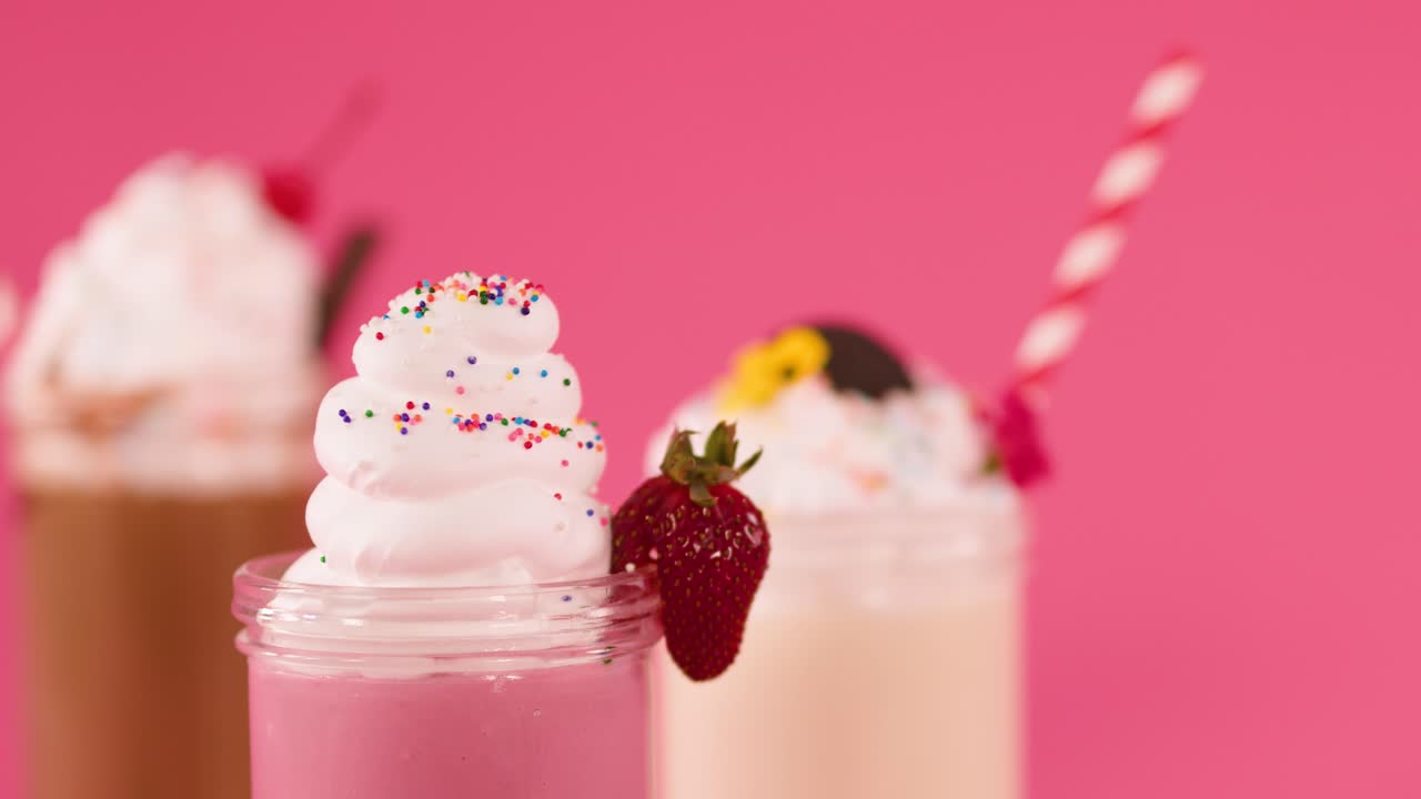 Sciroppo al cioccolato versato su un frappè alla fragola con panna montata, sfondo rosa acceso, codette colorate