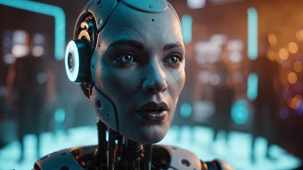 Uno Sguardo a una Scena Futuristica del Metaverso con Robot Umanoidi in un Ambiente ad Alta Tecnologia che Mostra Interazione e Connettività Avanzate