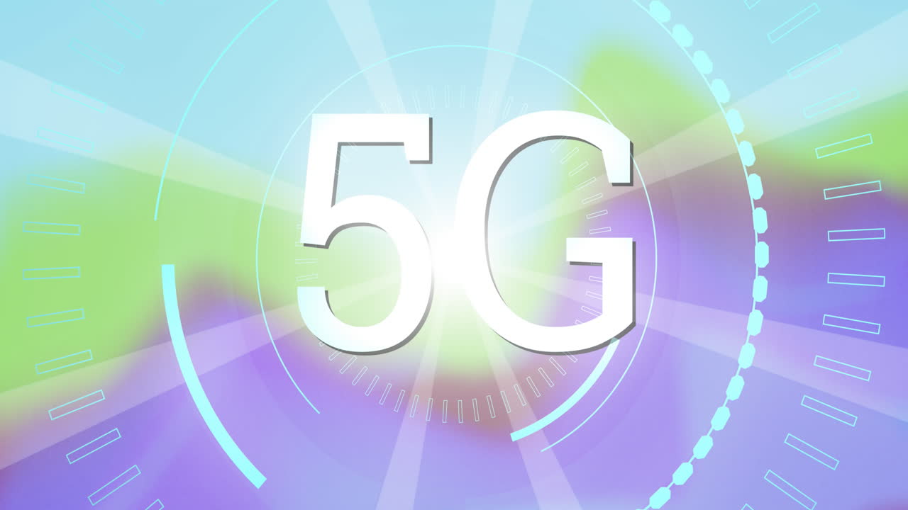 스 스캔과 빛나는 다채로운 배경 위에 5g 텍스트의 애니메이션