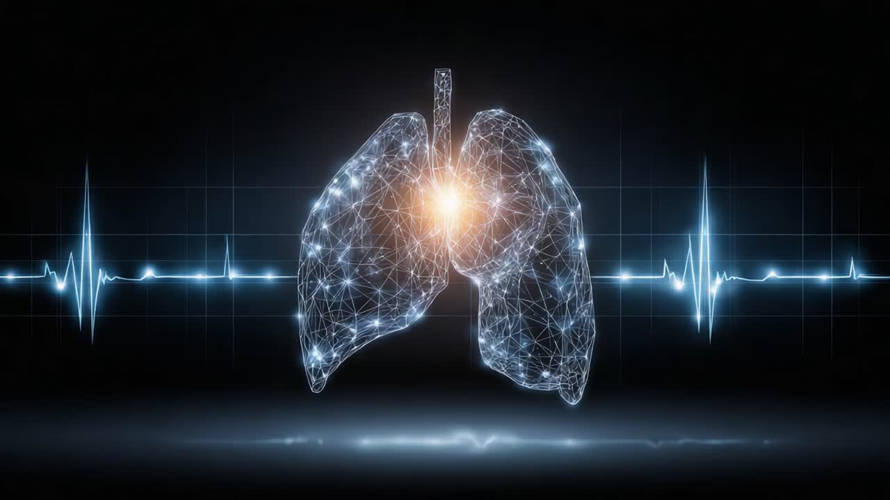 A Stunning Visualization of Lungs in a Network Form Highlighting Pulmonary Function and Vital Signs with an Energetic Central Glow Amidst an ECG Background