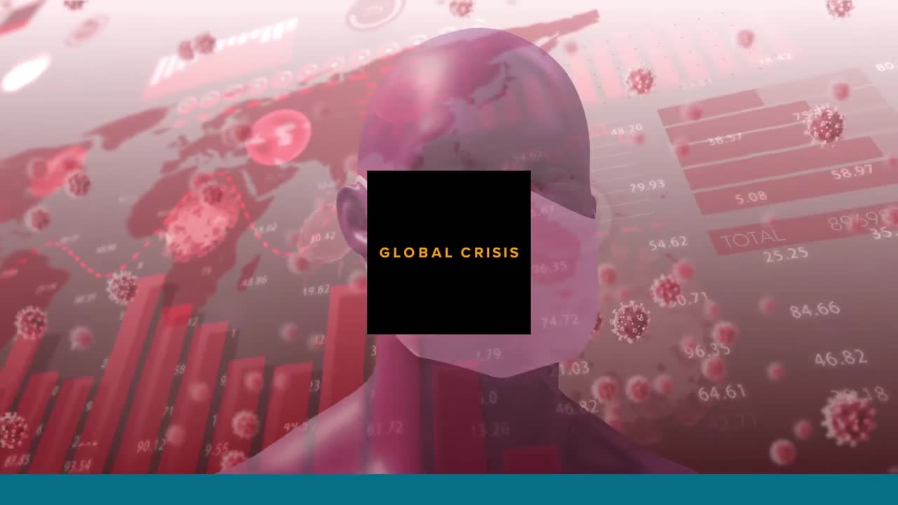 títulos de advertencia de coronavirus sobre gráficos y células de virus volando.