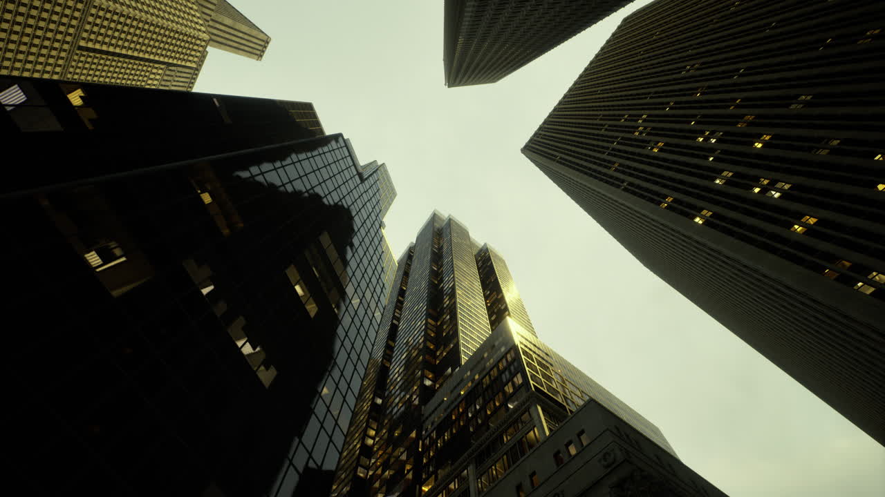 Urban skyline with towering buildings reflecting evening light