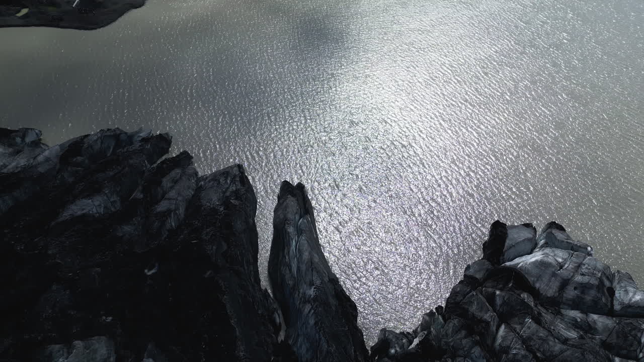 Aerial view of Sólheimajökull Glacier lagoon in Iceland, serene and remote
