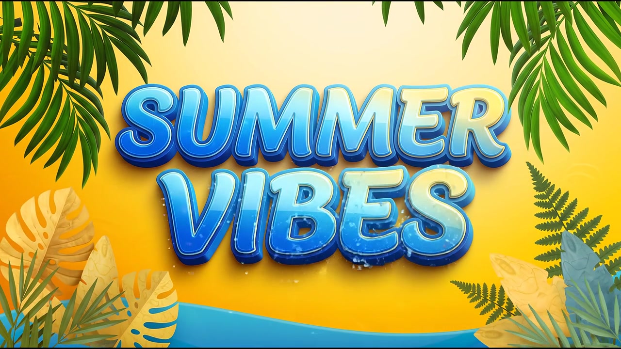 Animación de Banner 'Vibras de Verano' de Estilo de Vida Tropical con Tipografía Azul de Lujo y Fondo de Hojas de Palma