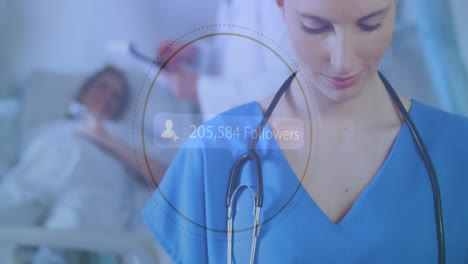 medical professional with stethoscope, social media followers count animation over hospital scene