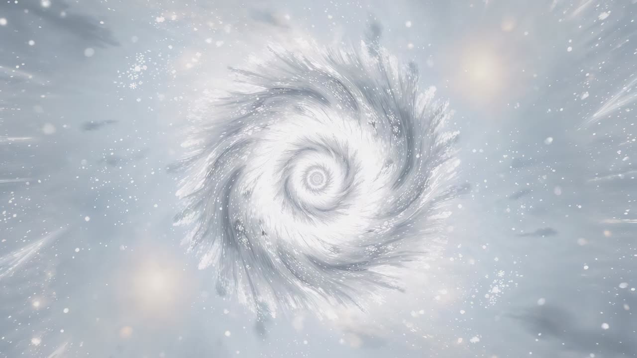 Rotating clockwise spiral vortex sending arms, frames causing core glow and flecks in blue field