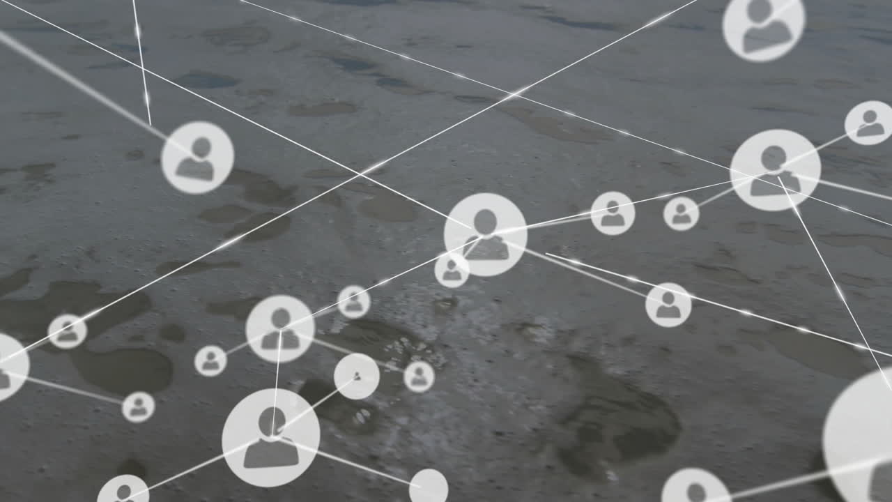 연결된 사용자 아이콘의 네트워크 풍경의 공중 전망을 통해 애니메이션