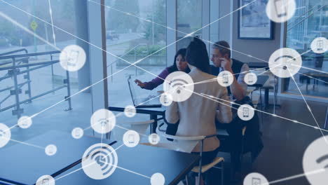 network of connections and data processing animation over business meeting in office