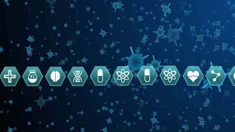 Animation-of-hexagons-with-scientific-icons-over-blue-cells-on-navy-background