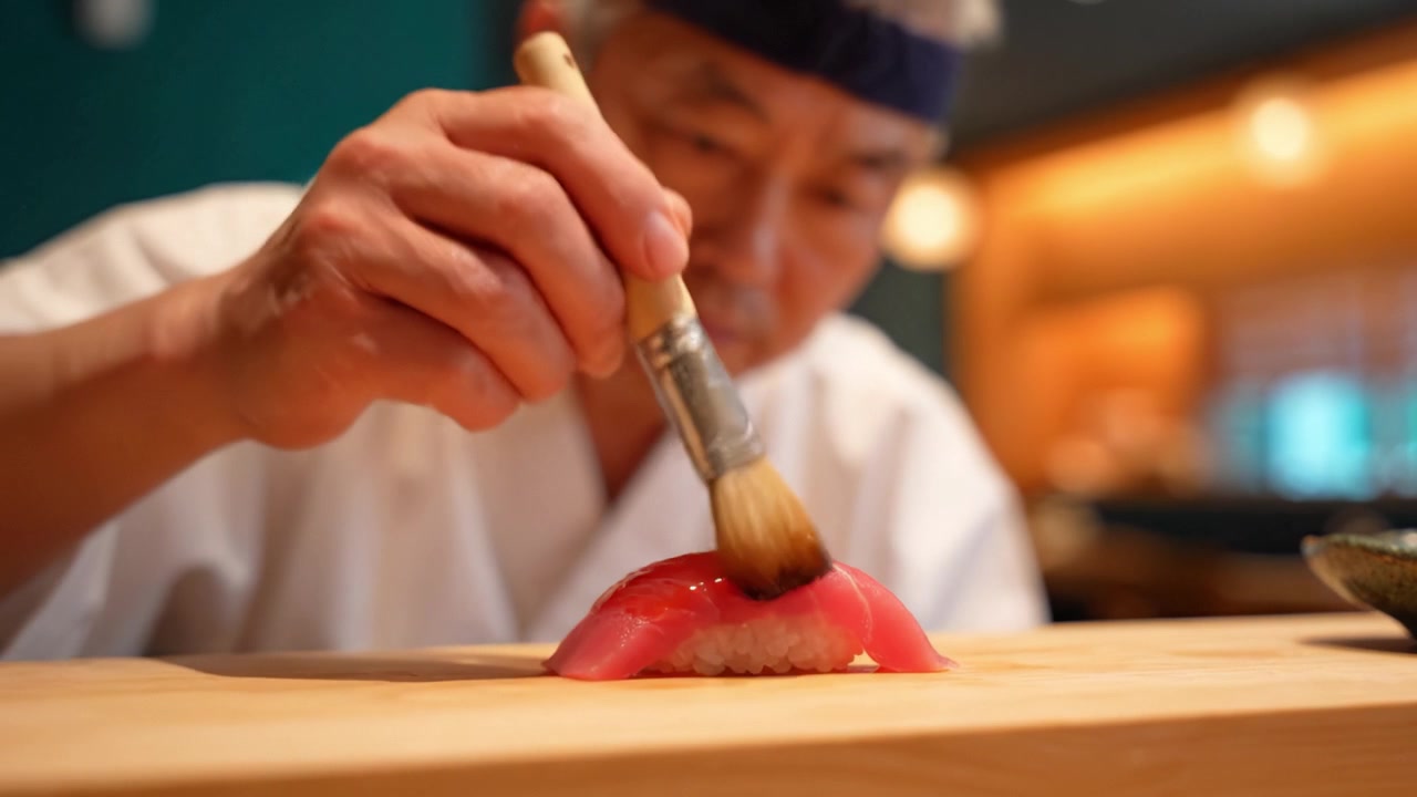 モダンな日本食レストランの環境で、寿司職人が木製の板の上で寿司ロールにソースを丁寧に塗り、料理の職人技に没頭している様子