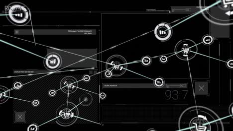 animación de una red de iconos digitales sobre la interfaz con procesamiento de datos contra un fondo negro