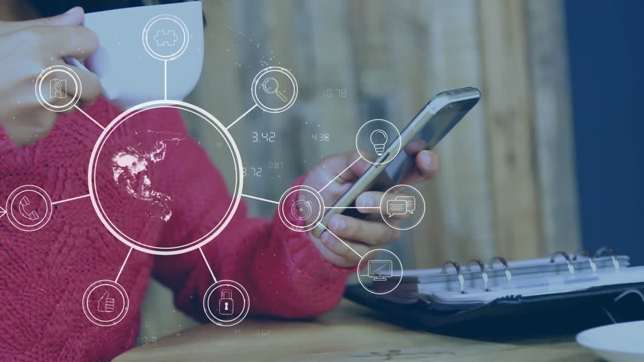 animación de la red de conexiones e iconos sobre la mujer usando un teléfono inteligente