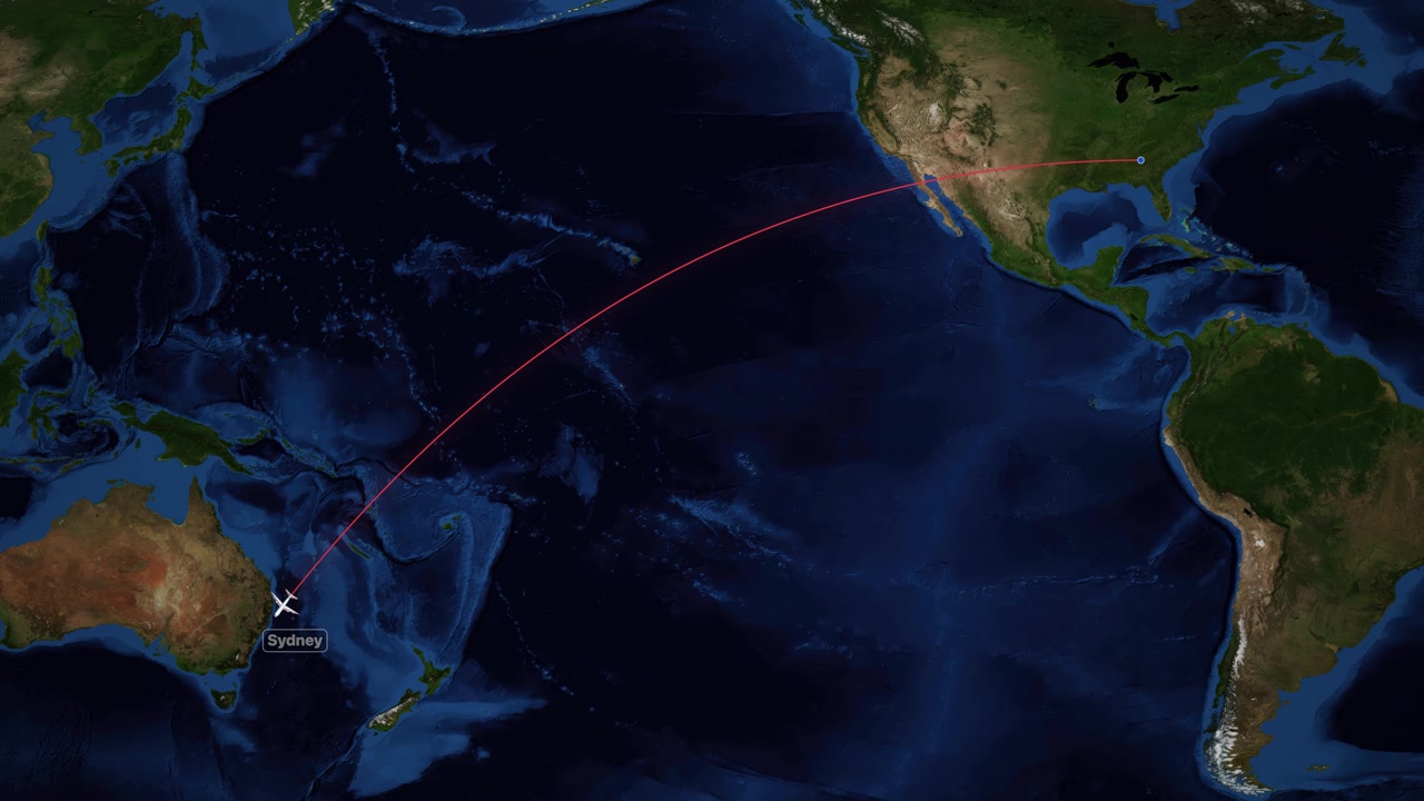 Airplane icon follows red arc path from Atlanta to Sydney on satellite world map