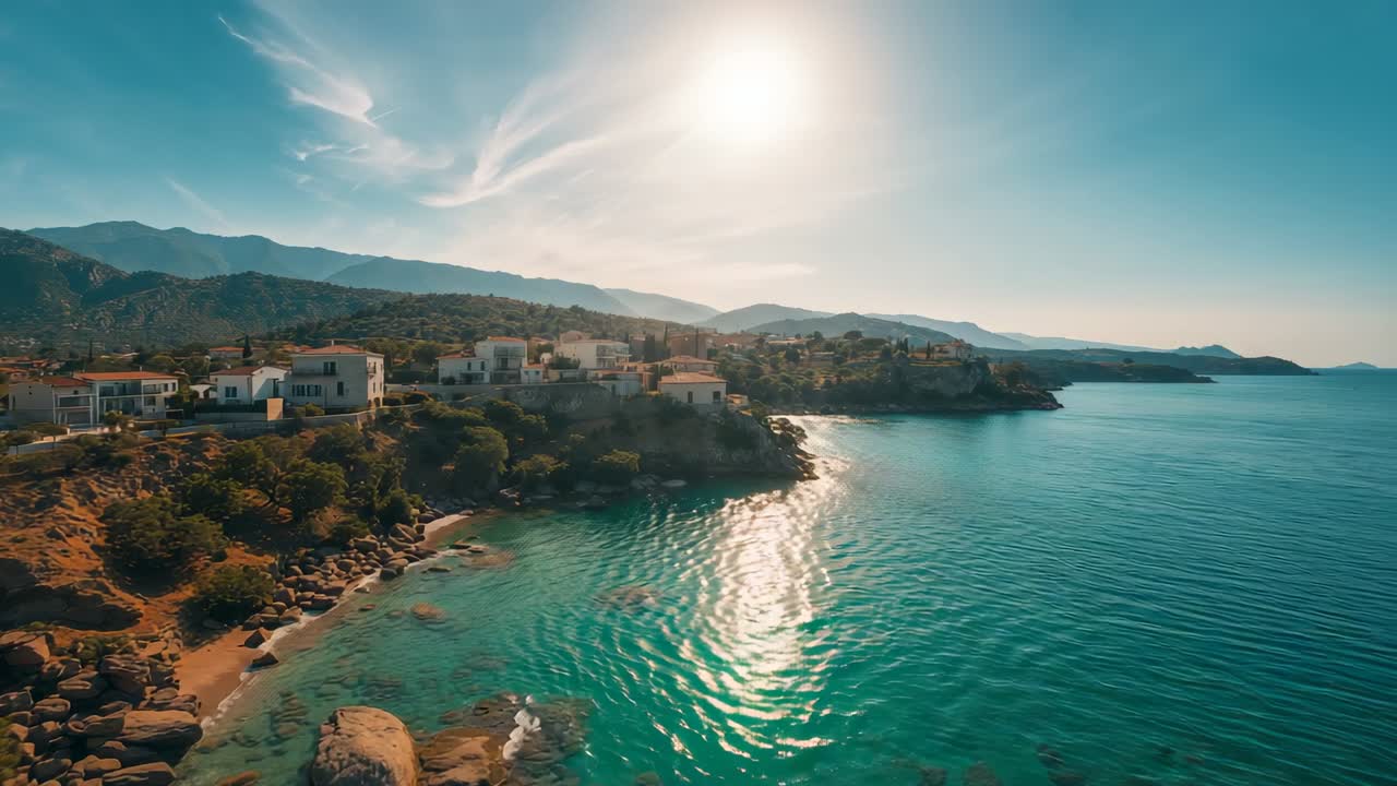 Launching drone gliding over Mediterranean shoreline, capturing turquoise sea and red-tiled houses