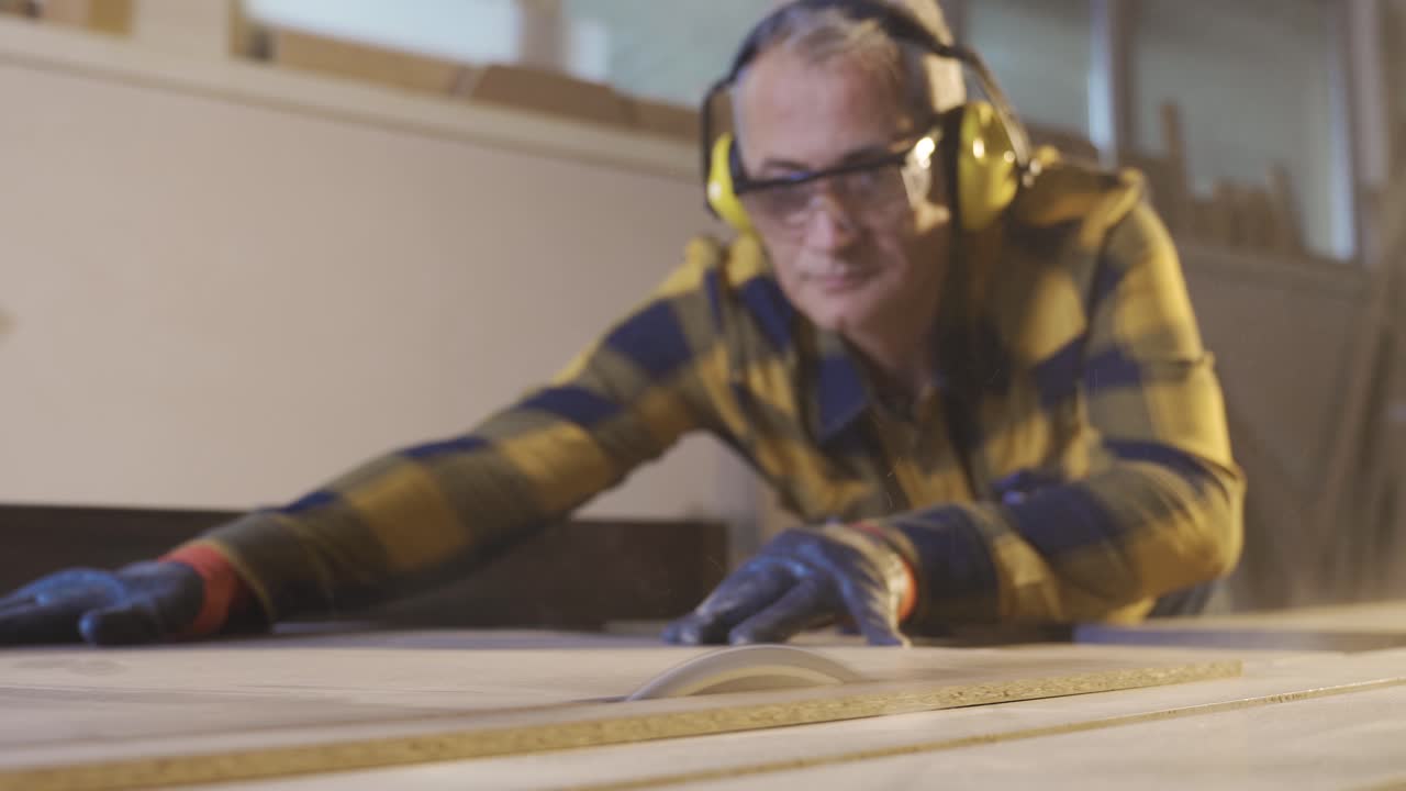 Ein Schreiner sägt Holz in der Schreinerei.