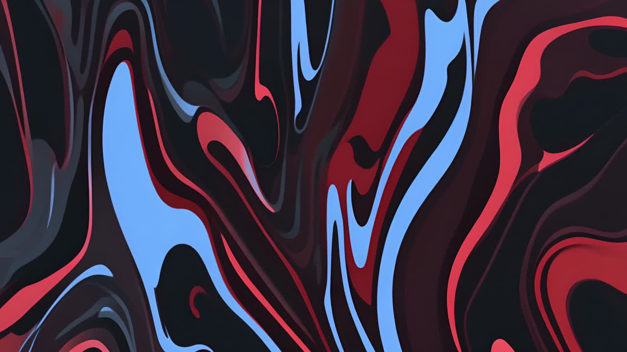 Abstract fluid shapes in red, black, and blue, swirling animation