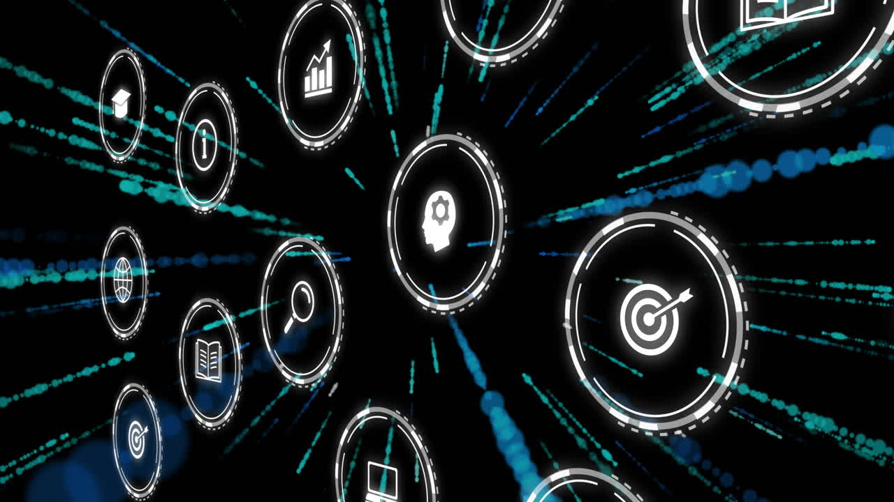 Animation of network of connections with icons on black background
