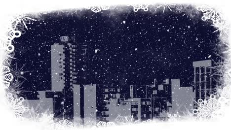 animation of white christmas snow falling over modern buildings and night sky with snowflake border