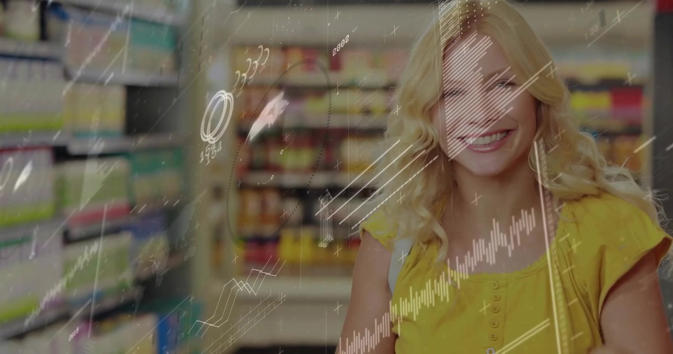 Female shopper picking cereal box in retail aisle analyzing nutrition as animated charts appearing