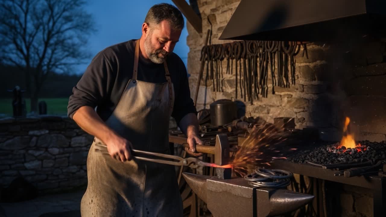 An Artisan Blacksmith Crafting Unique Metal Works: The Intense Process of Forging Red-Hot Steel at a Traditional Forge in the Dusk Light