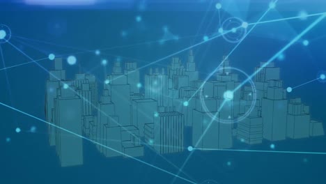 Animation-Des-Netzwerks-Von-Verbindungen-Und-Datenverarbeitung-über-Der-Stadt-Auf-Blauem-Hintergrund