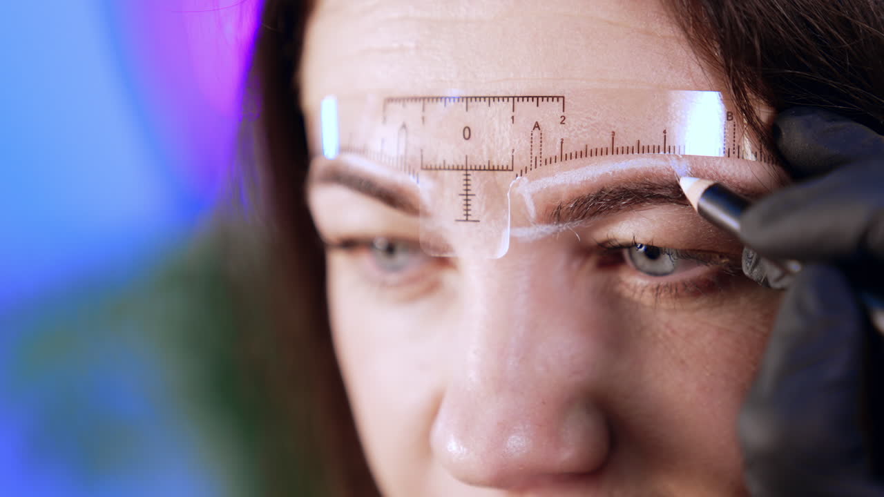 Upper part of an adult brunette female face. A ruler is stuck to the forehead and gloved hand draws white lines for eyebrow permanent make up. Close up.
