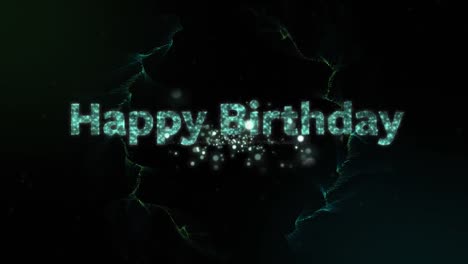 Animation-of-shimmering-blue-happy-birthday-text-over-explosion-of-blue-light-trails