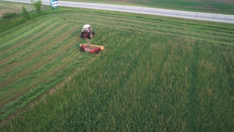 using a hyrdoswing swather, a wisconsin farmer cuts a field of alfalfa and grass