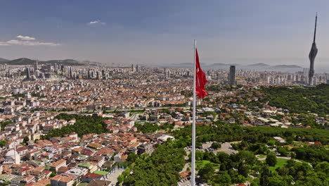 istanbul turkey aerial v79 fly around national flag on top of camlica hill with panoramic view of downtown cityscape includes telecommunication tower and mosque - shot with mavic 3 cine - july 2022