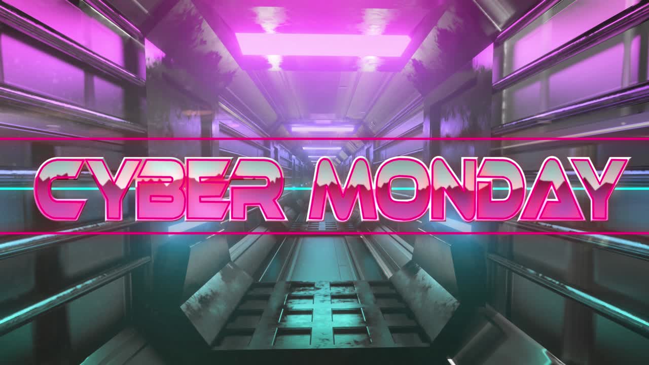 Animazione del testo 'Cyber Monday' su tunnel digitale in movimento