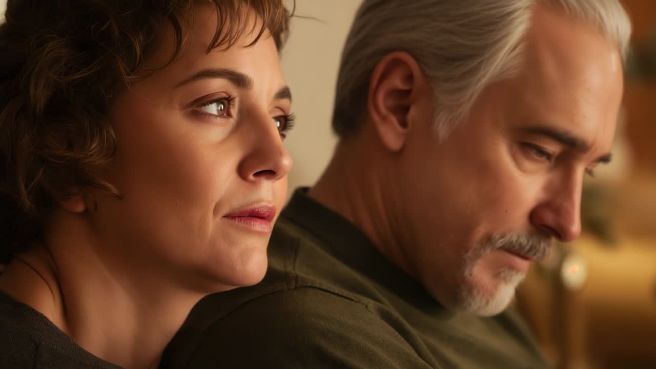 Opening eyes, woman lifting head from man's shoulder on sofa at home, olive-sweater dark-top lamp