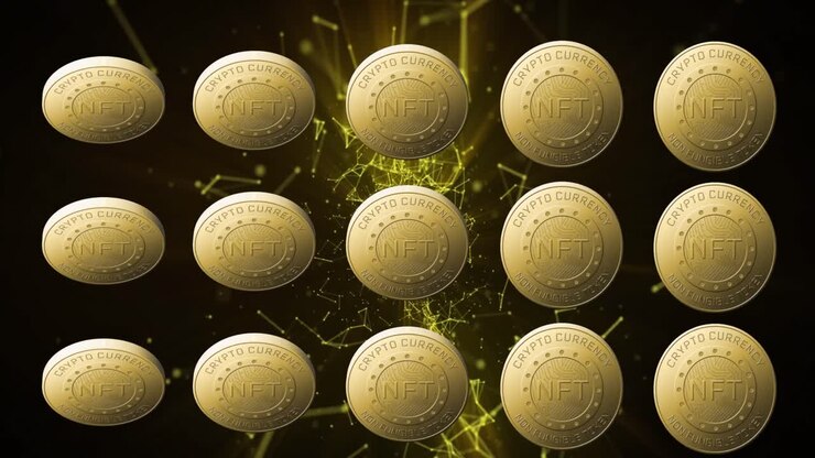 Animazione del testo NFT su monete d'oro e una rete di connessioni su sfondo scuro