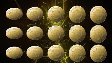 Animation-of-nft-text-on-golden-coins-and-network-of-connections-over-dark-background