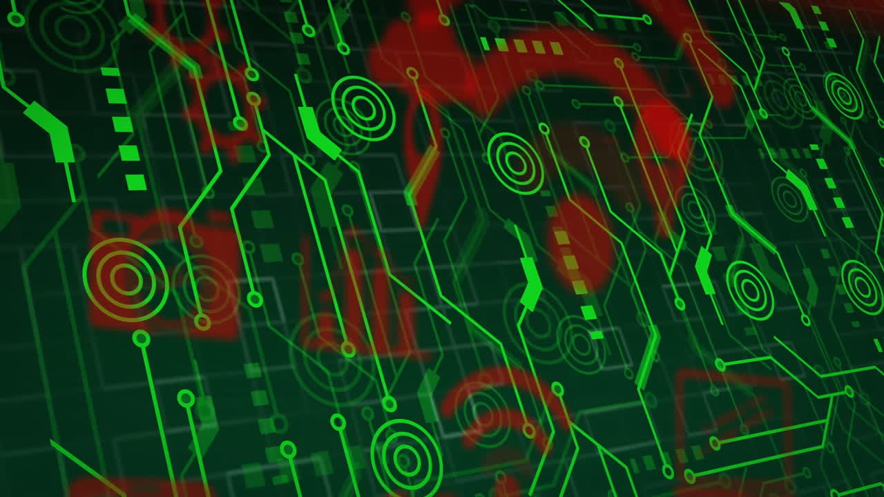 Animation of green circuit patterns with red digital elements for futuristic technology