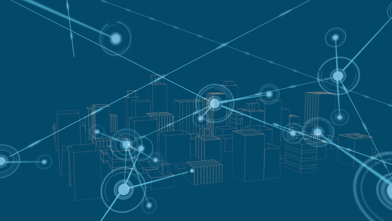 Animation of network of connections over digital city on blue background