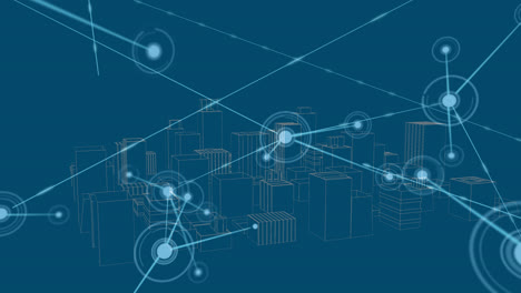 animation of network of connections over digital city on blue background