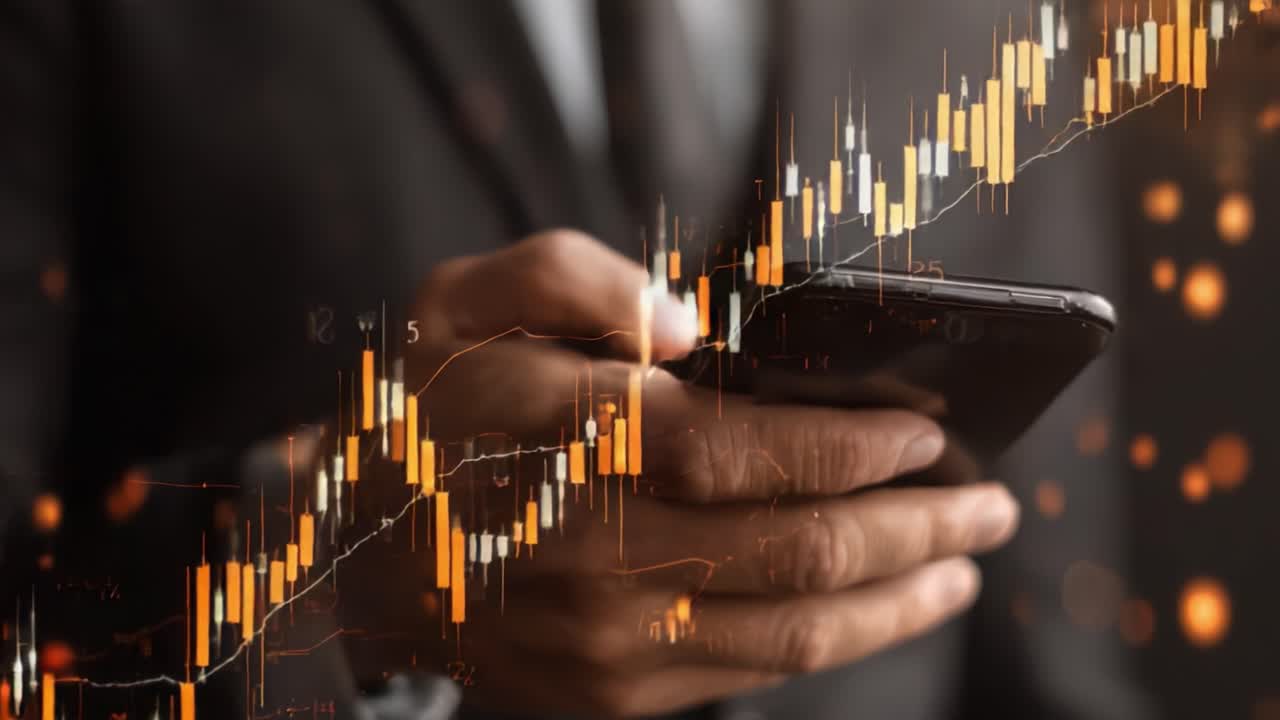 Analyzing Financial Trends with a Smartphone: A Professional in a Suit Using Mobile Technology to Monitor Market Data and Stock Price Movements During Trading Hours